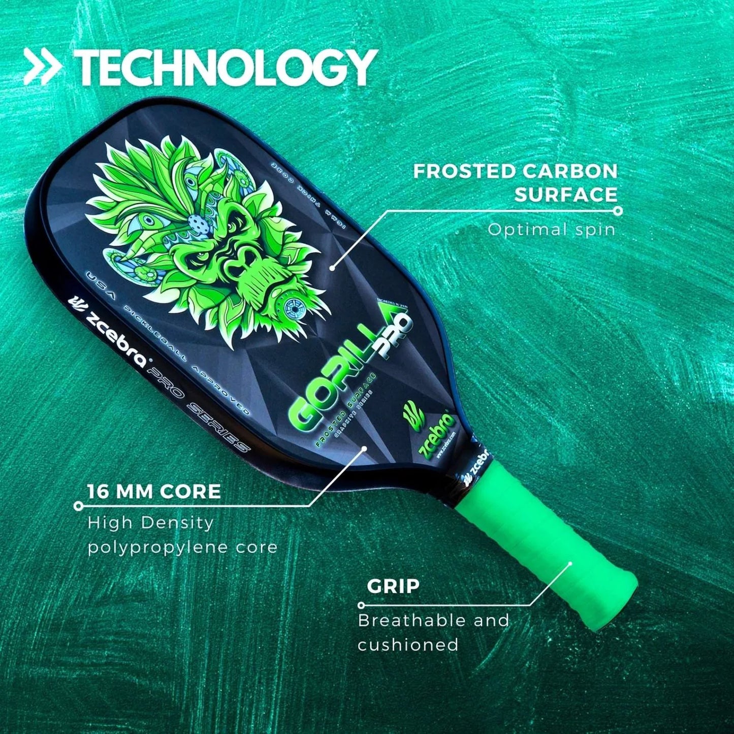 Carbon pickleball paddle GORILLA PRO SERIES (green)