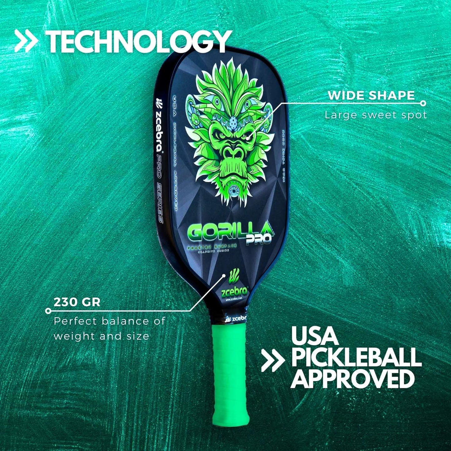 Carbon pickleball paddle GORILLA PRO SERIES (green)