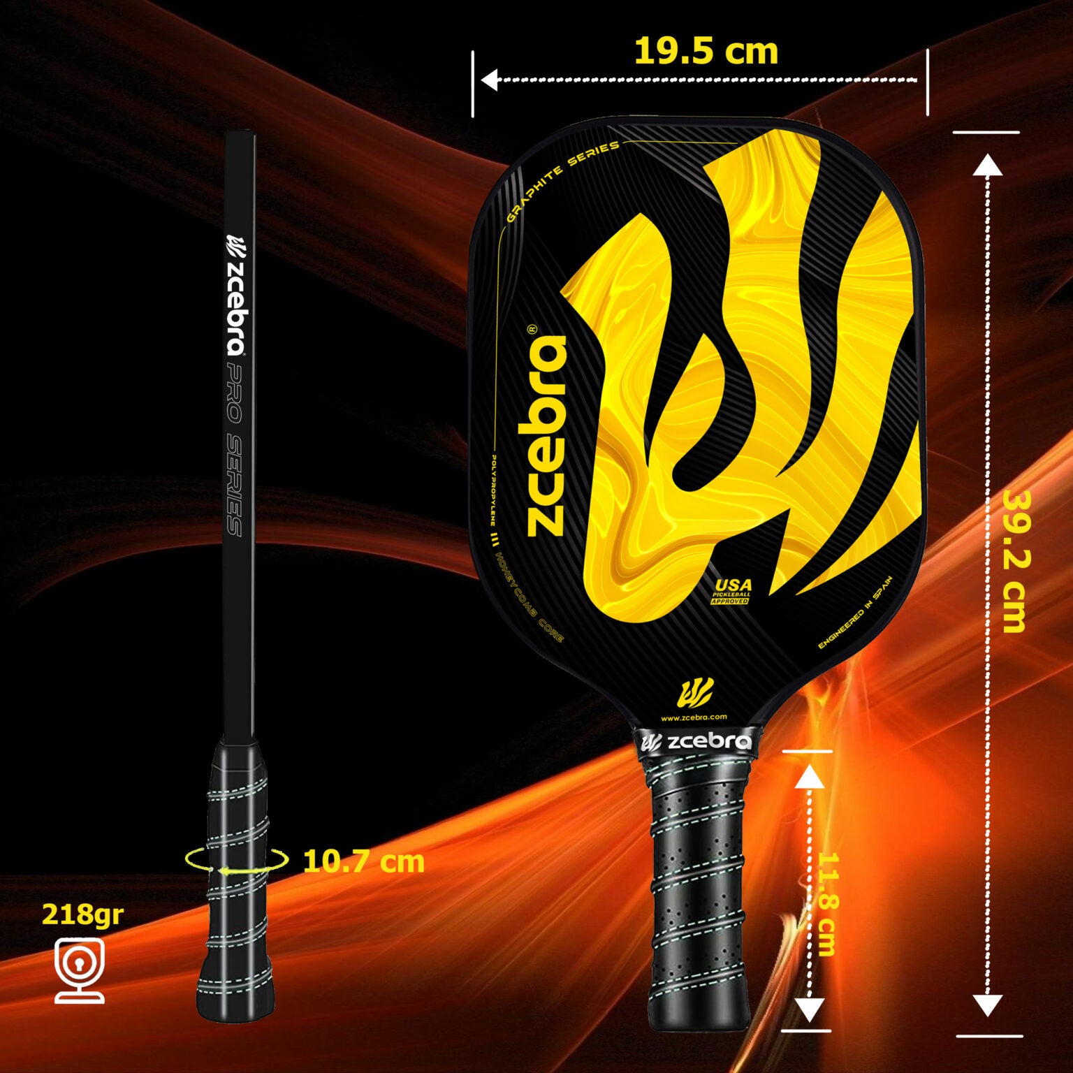 Yellow and black graphite Zcebra pickleball paddle with the dimensions of the paddle.