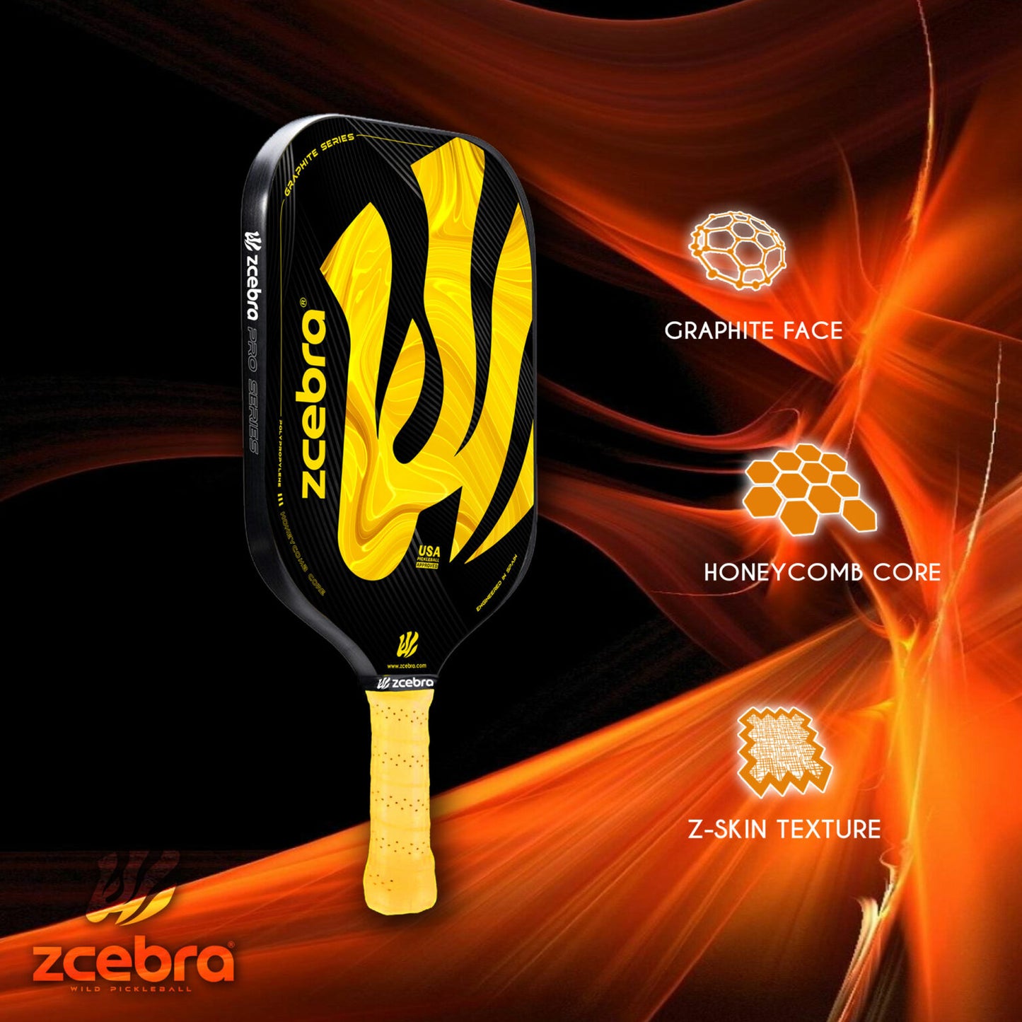 Yellow and black graphite Zcebra pickleball paddle with the main paddle highlights.