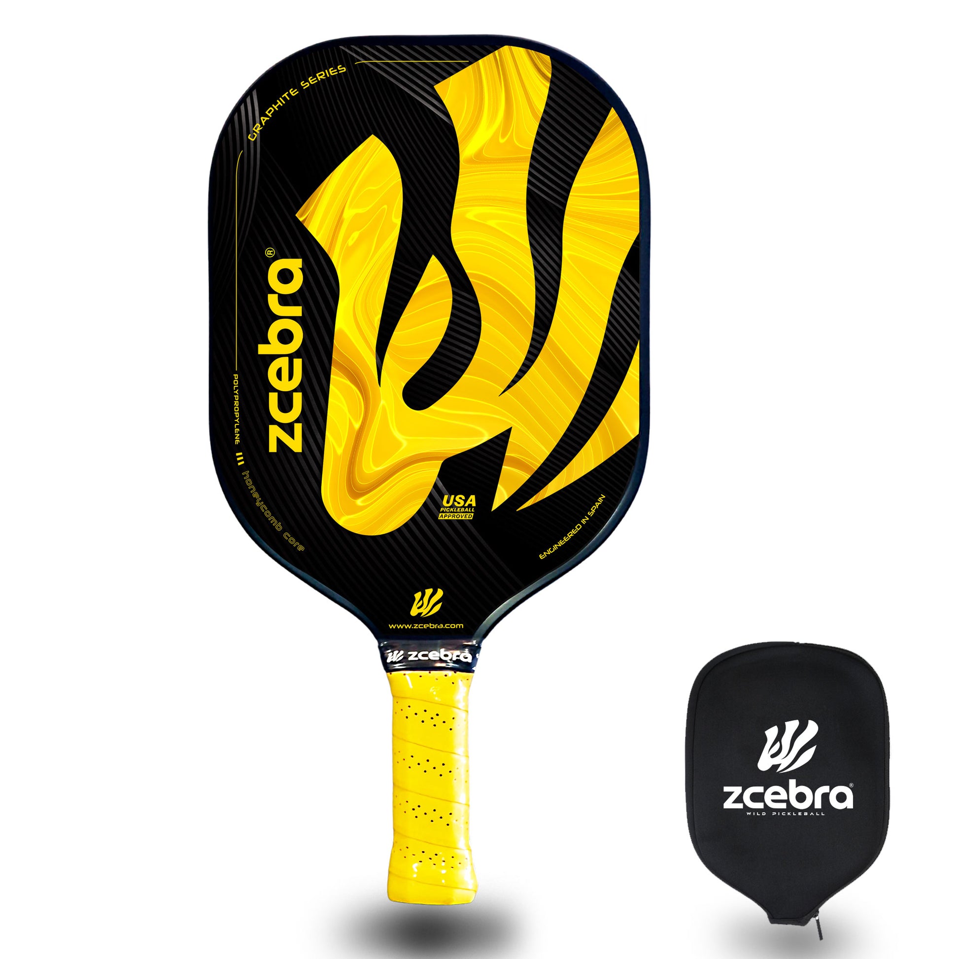 Yellow and black graphite Zcebra pickleball paddle.